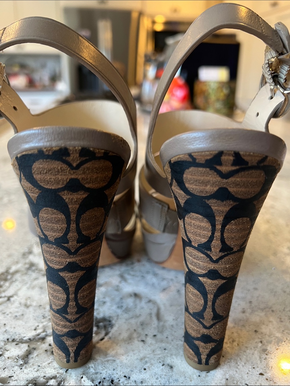 COACH Bertta Taupe Leather Monogram Platform Sandals Size 5.5 B Like New - Picture 5 of 11